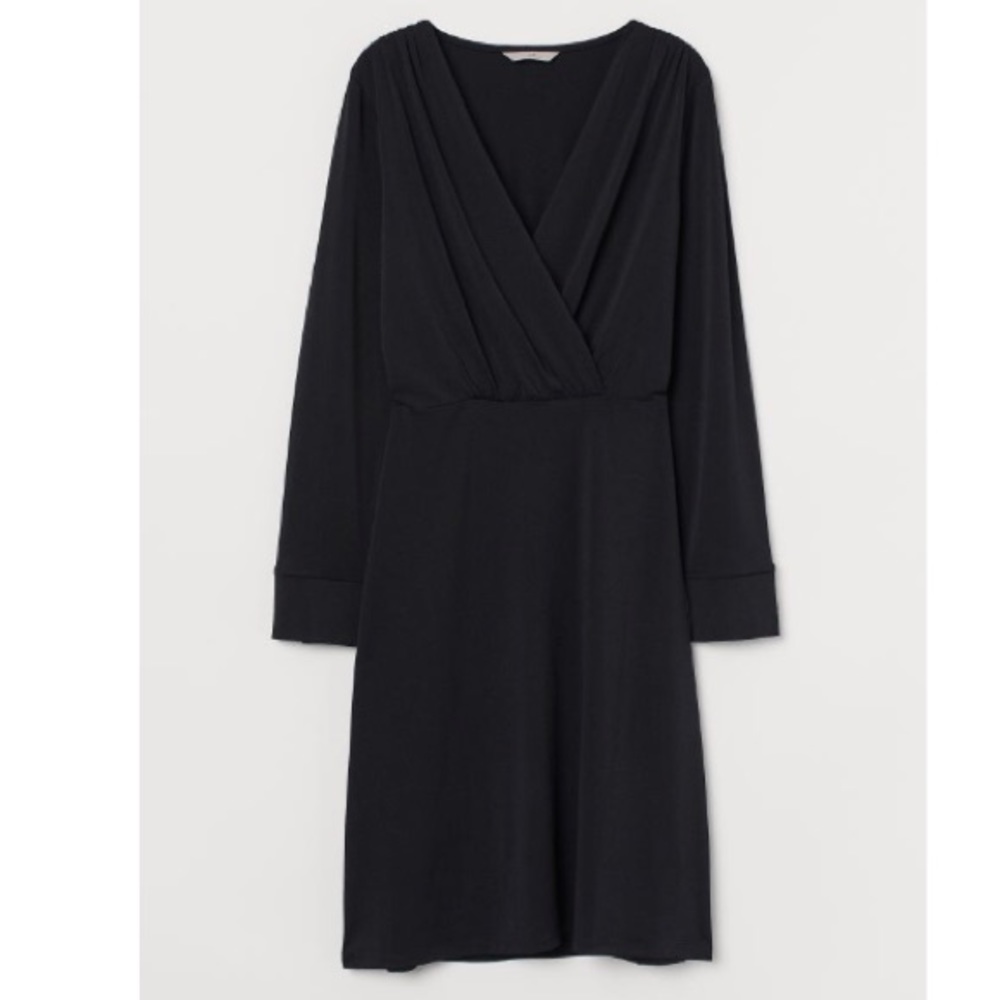 H & M Black Fitted Long Sleeve Knee Length Jersey Dress